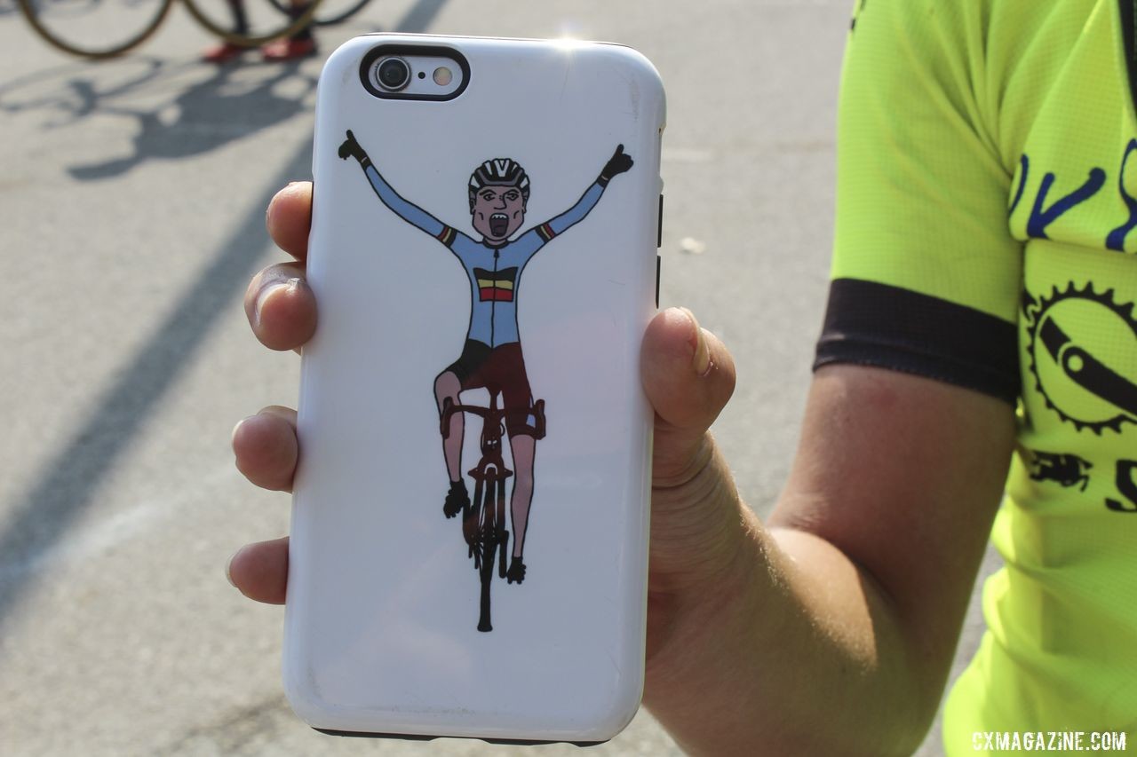 Aubrey Drummond shows off her Wout van Aert phone case at the 2017 Jingle Cross World Cup. © Z. Schuster / Cyclocross Magazine