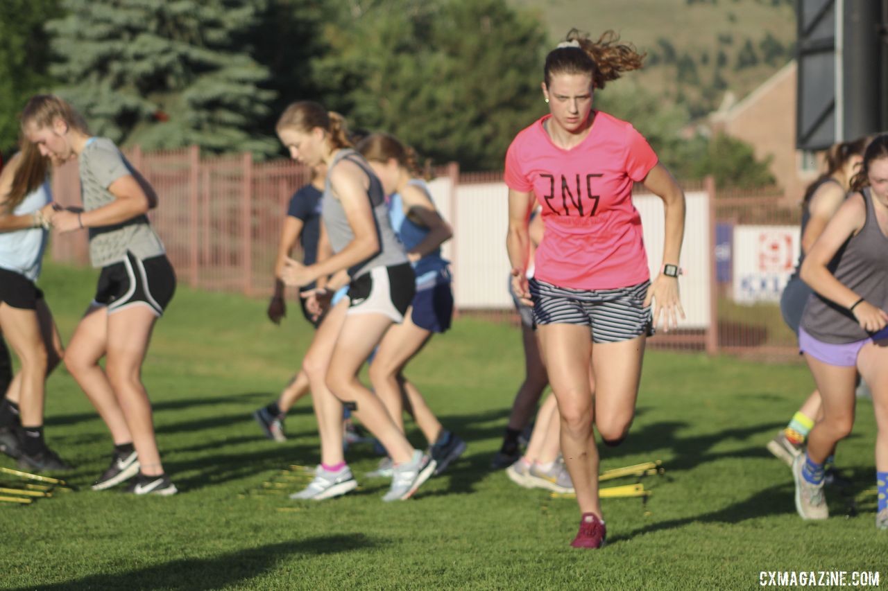 Grace Mattern explodes into her sprint during the ladder drills. 2019 Women's MontanaCrossCamp, Thursday. © Z. Schuster / Cyclocross Magazine