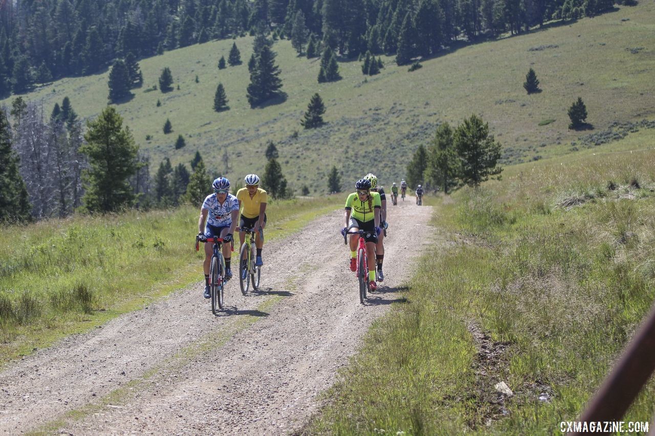 The four leaders at the beginning of the Priest Pass climb: Aubrey Drummond, Ellie Mitchell, Katie Compton and Rebecca Fahringer. 2019 Women's MontanaCrossCamp, Thursday. © Z. Schuster / Cyclocross Magazine