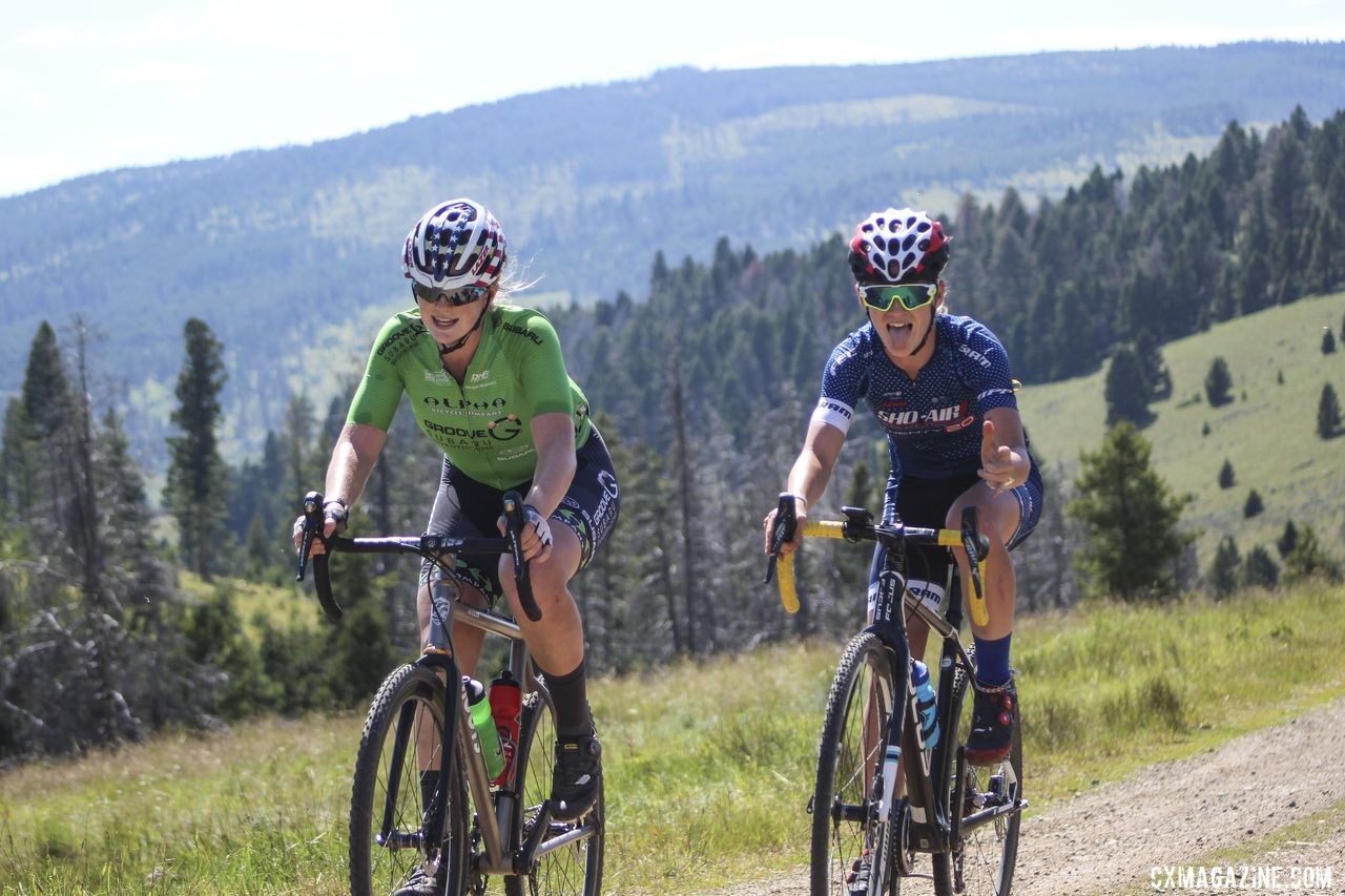 Cassie Hickey (right) has some fun during the QOM climb. 2019 Women's MontanaCrossCamp. © Z. Schuster / Cyclocross Magazine