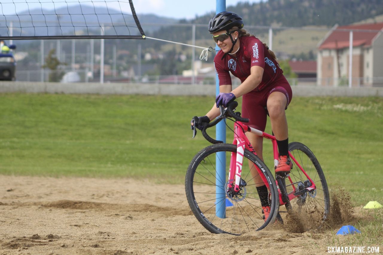 Aubrey Drummond lets it rip in the mini-Zonhoven sand pit. 2019 Women's MontanaCrossCamp, Friday. © Z. Schuster / Cyclocross Magazine