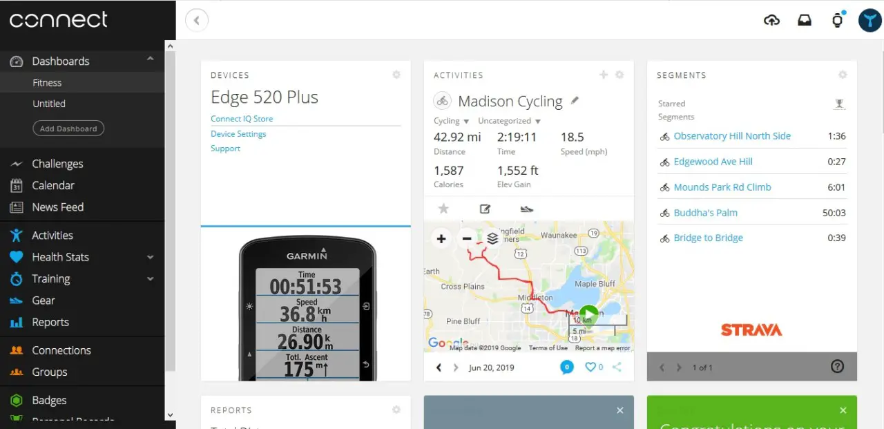 The Garmin Connect Dashboard for desktops allows you to create routes, see results and track segments.