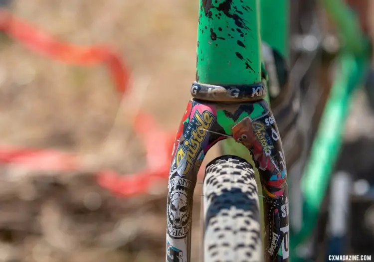 Kell McKenzie's 2019 Tracklocross Nationals-winning Squid fixed gear steered with a Chris King headset and a sticker-covdred TRP fork. © A. Yee / Cyclocross Magazine