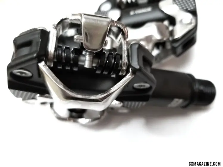 Just as with Shimano SPD pedals, there isn't any scale to determine spring tension. You can count the # of visible threads however. The Look X-Track mountain bike / cyclocross SPD-compatible clipless pedal. © A. Yee / Cyclocross Magazine