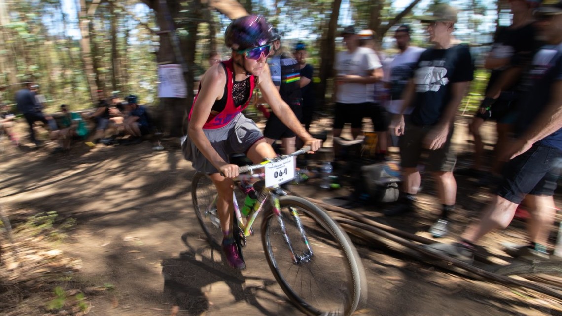 Sammi Runnels enjoyed the party in the woods while racing to a 2019 Tracklocross National Championship in Oakland. © A. Yee / Cyclocross Magazine