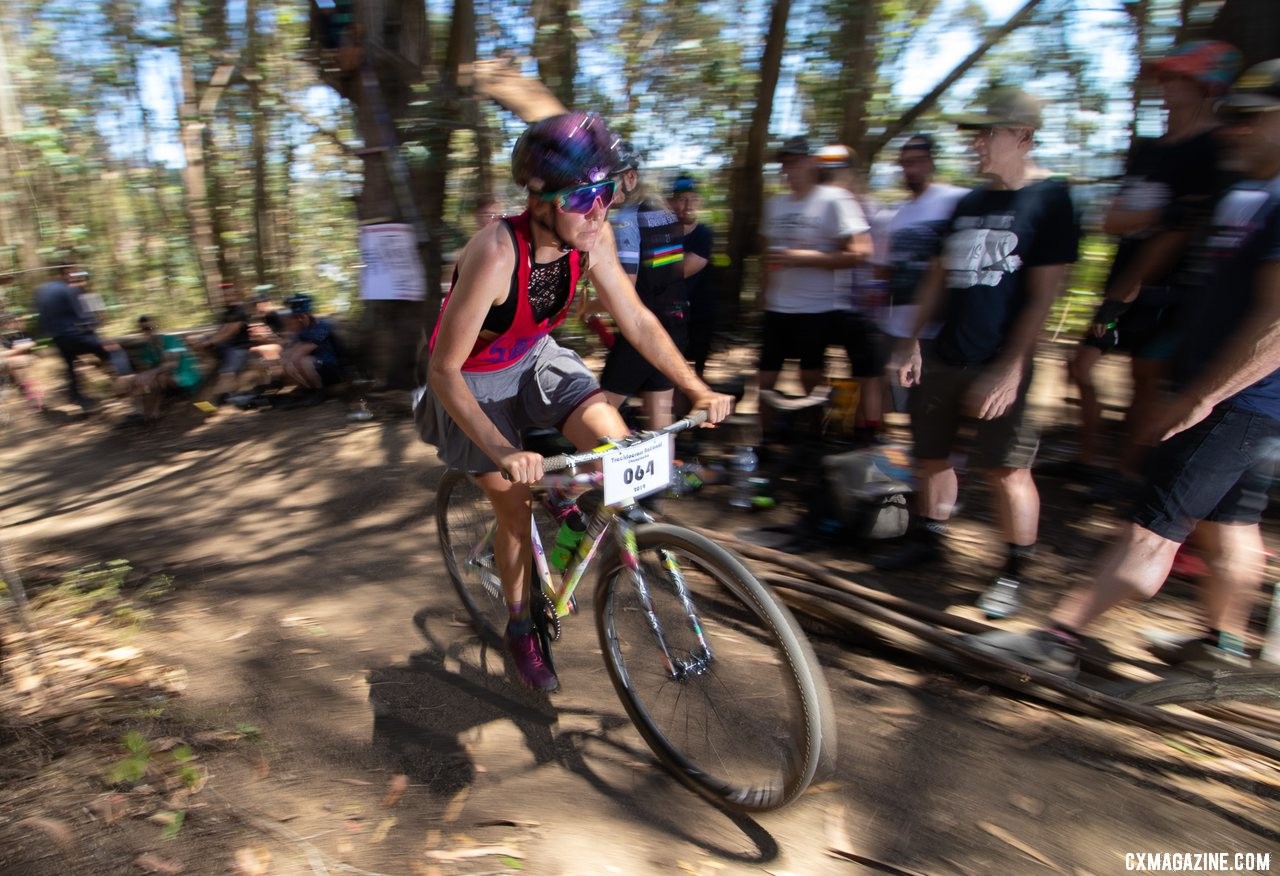 Sammi Runnels enjoyed the party in the Oakland woods while racing to a 2019 Tracklocross National Championship in Oakland. © A. Yee / Cyclocross Magazine