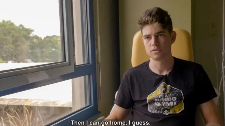 Wout van Aert gave an interview from his hospital room after his Tour de France crash and surgery. photo: Velon interview screenshot