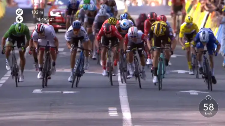 Wout van Aert sprinting for the win at the 2019 Tour de France Stage 10.