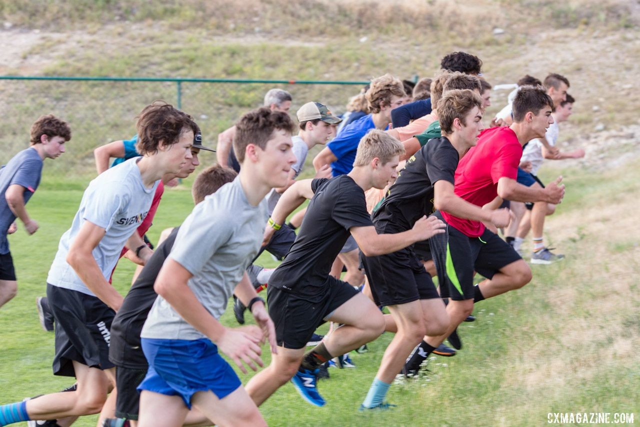 Campers sprint toward one rep of the hill bounds. 2019 Men's Montana Cross Camp. © Tom Robertson