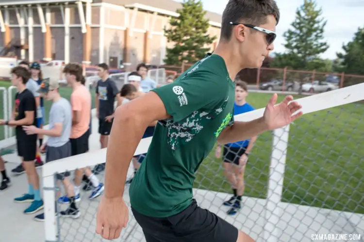 Ivan Gallego starts a rep of stadium stairs. 2019 Men's Montana Cross Camp. © Tom Robertson