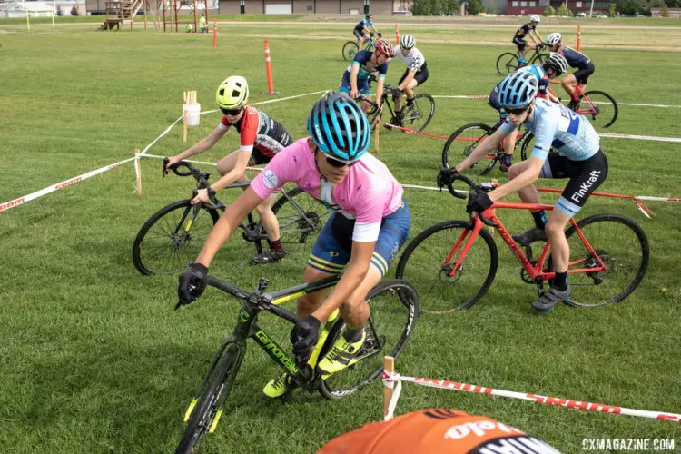 Ivan Gallego leads a small group in a cornering drill. 2019 Men's Montana Cross Camp. © Tom Robertson