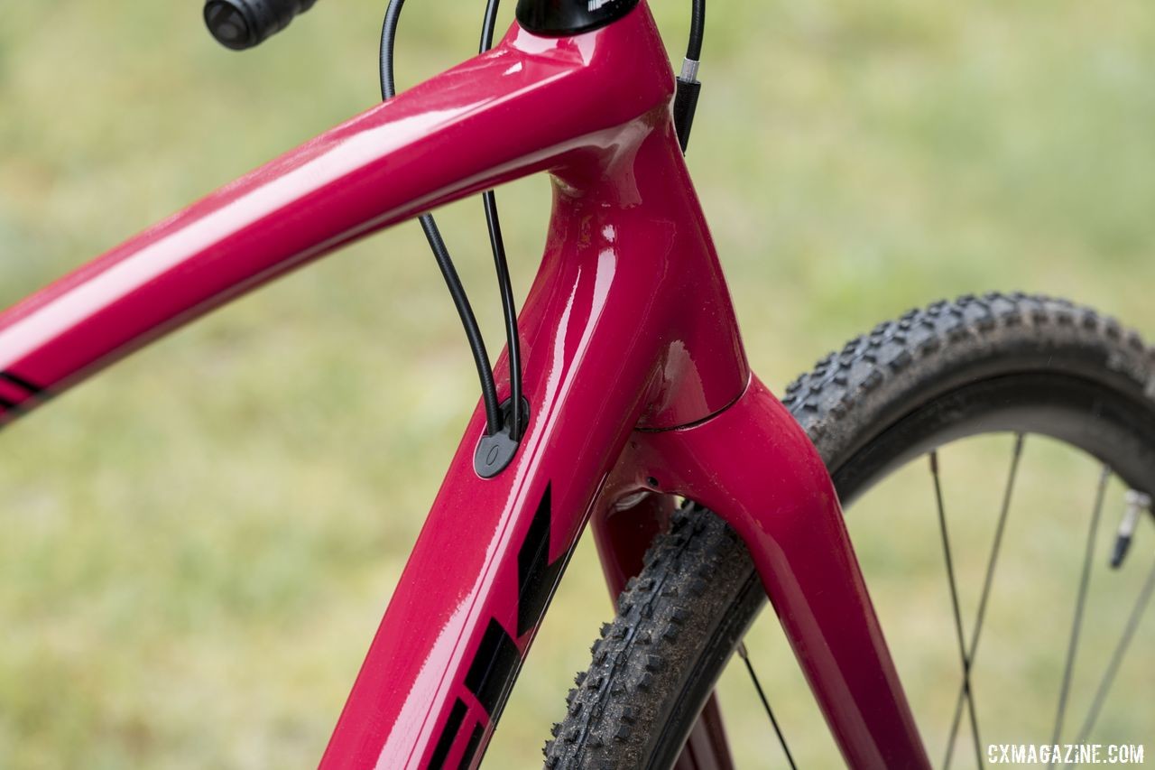 With the invisible welds and shaped tubes, the front end of the Crockett looks very much like a carbon bike. The downtube has a control line entry port. 2020 Trek Crockett Cyclocross Bike. © C. Lee / Cyclocross Magazine