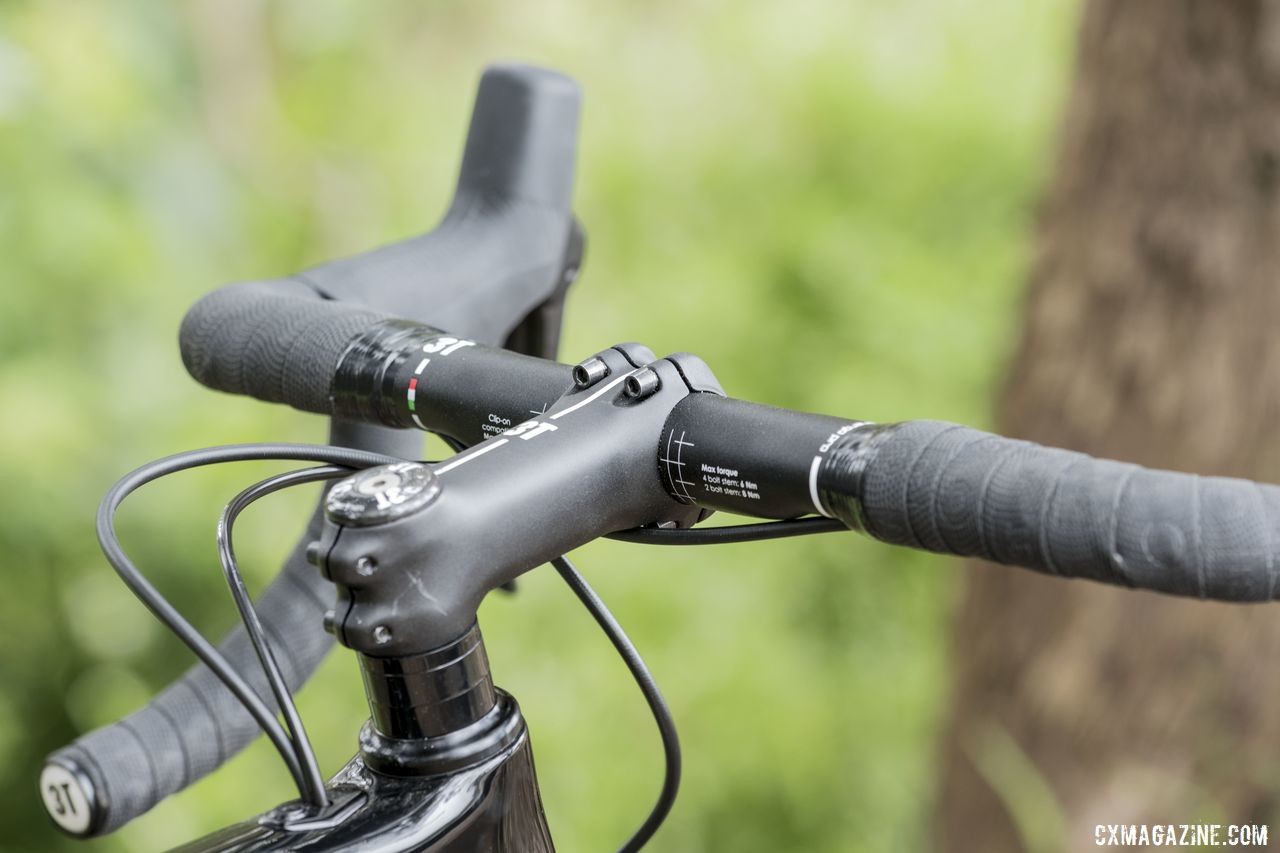 A 3T stem and handlebar make up the cockpit. 3T Exploro Team Force Gravel Bike. © C. Lee / Cyclocross Magazine