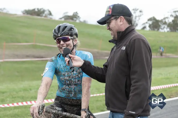Day 2 winner Rebecca Locke does a post-race interview. 2019 MELGPCX Day 2, Melbourne, Australia. © Ernesto Arriagada