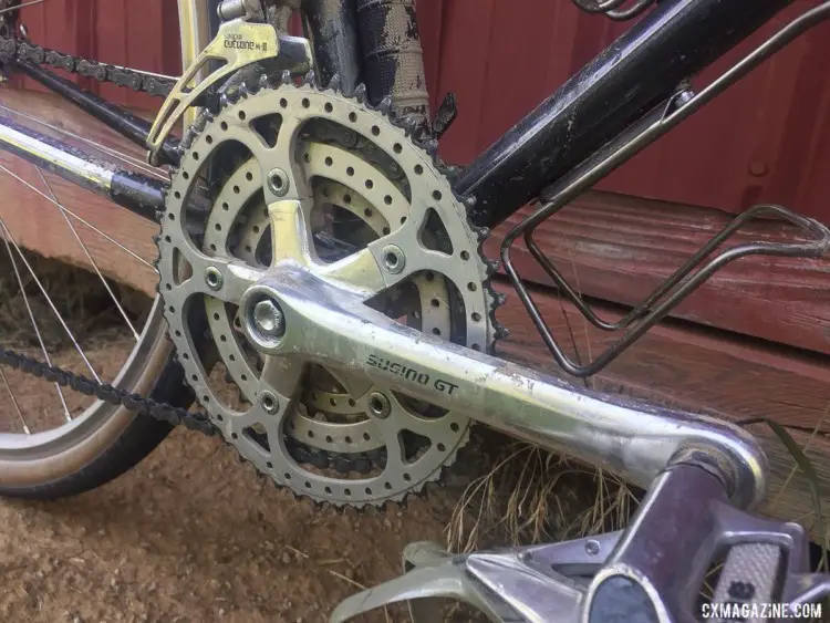Vaught mounted a Sugino crankset with a 48/38/30t triple. Greg Vaught's 2019 Gravel Worlds Vintage Sekai Magnum S7 Gravel Bike. © G. Vaught