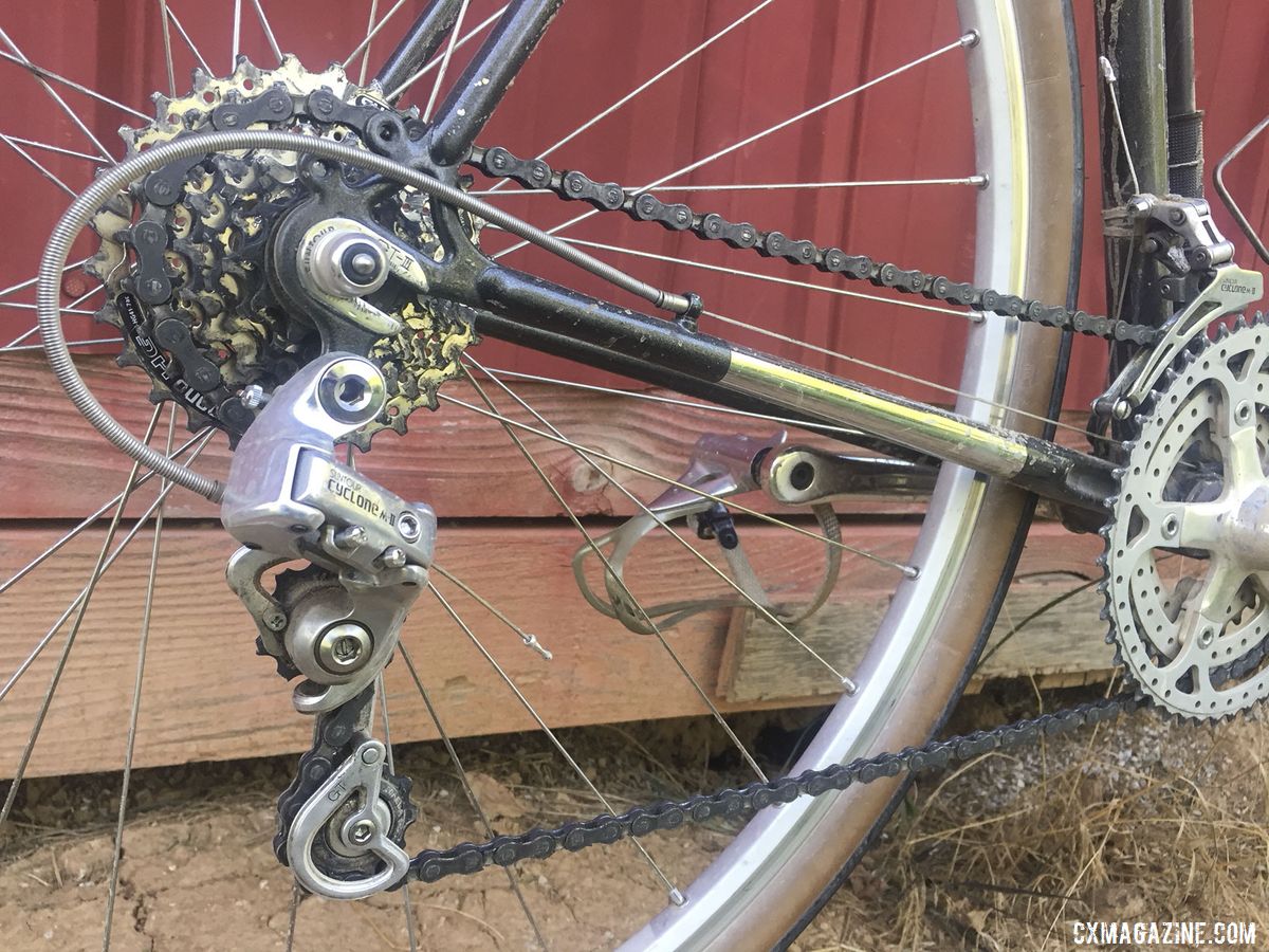 Vaught ran an 11-28t cassette with a 7-speed Cyclone rear derailleur. Greg Vaught's 2019 Gravel Worlds Vintage Sekai Magnum S7 Gravel Bike. © G. Vaught