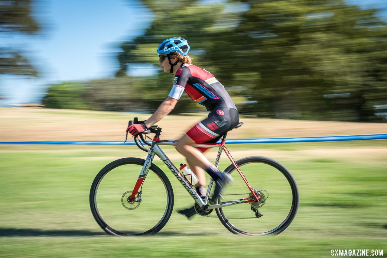 A junior rider looking fast as he rolls past the pits. 2019 West Coast Cyclocross Points Prestige. © Jeff Vander Stucken