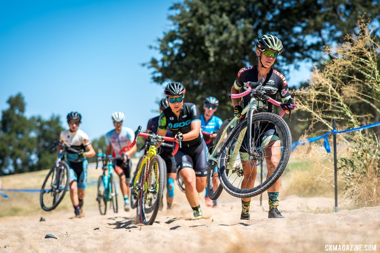 Caroline Nolan leads Amanda Nauman, Caitlin Bernstein and Anna Megale through the long sandpit during Sunday's last race. 2019 West Coast Cyclocross Points Prestige. © Jeff Vander Stucken