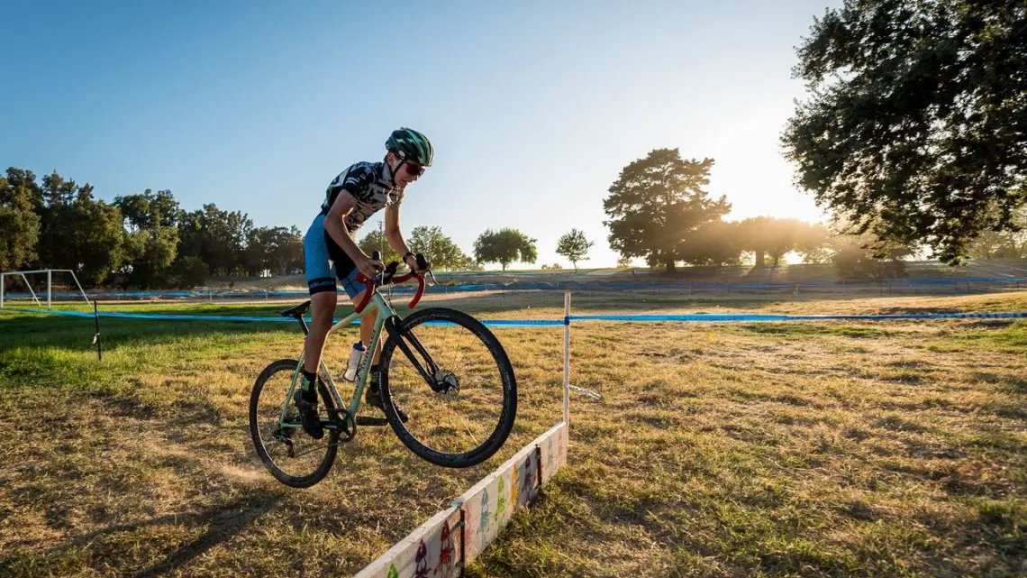 Dan English is a young, fast rider to watch. Here, he hops the barriers. 2019 West Coast Cyclocross Points Prestige. © Jeff Vander Stucken