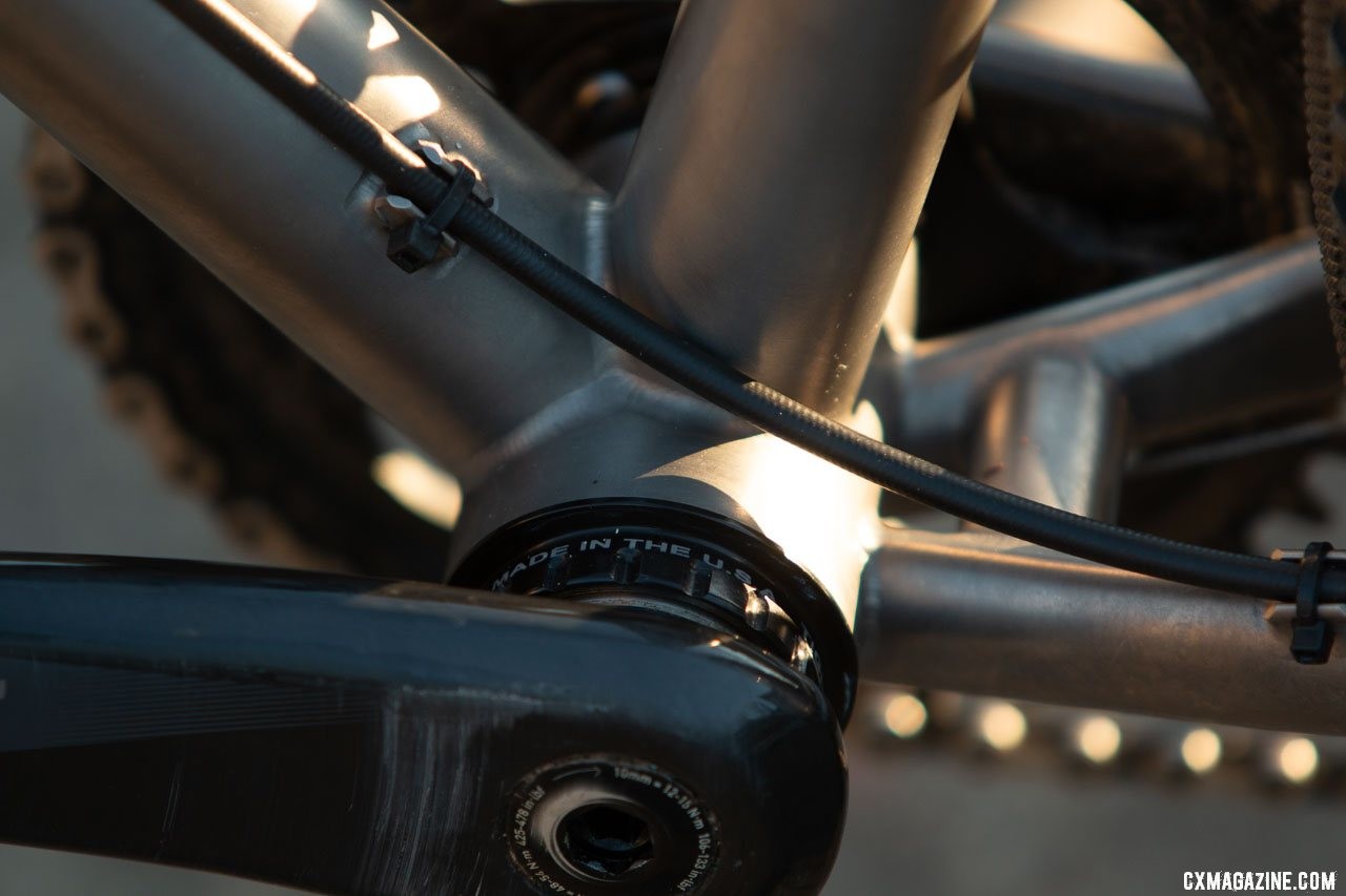 Threaded BSA 68mm bottom bracket keeps everything simple. Merlin Sandstone titanium gravel bike. © Cyclocross Magazine