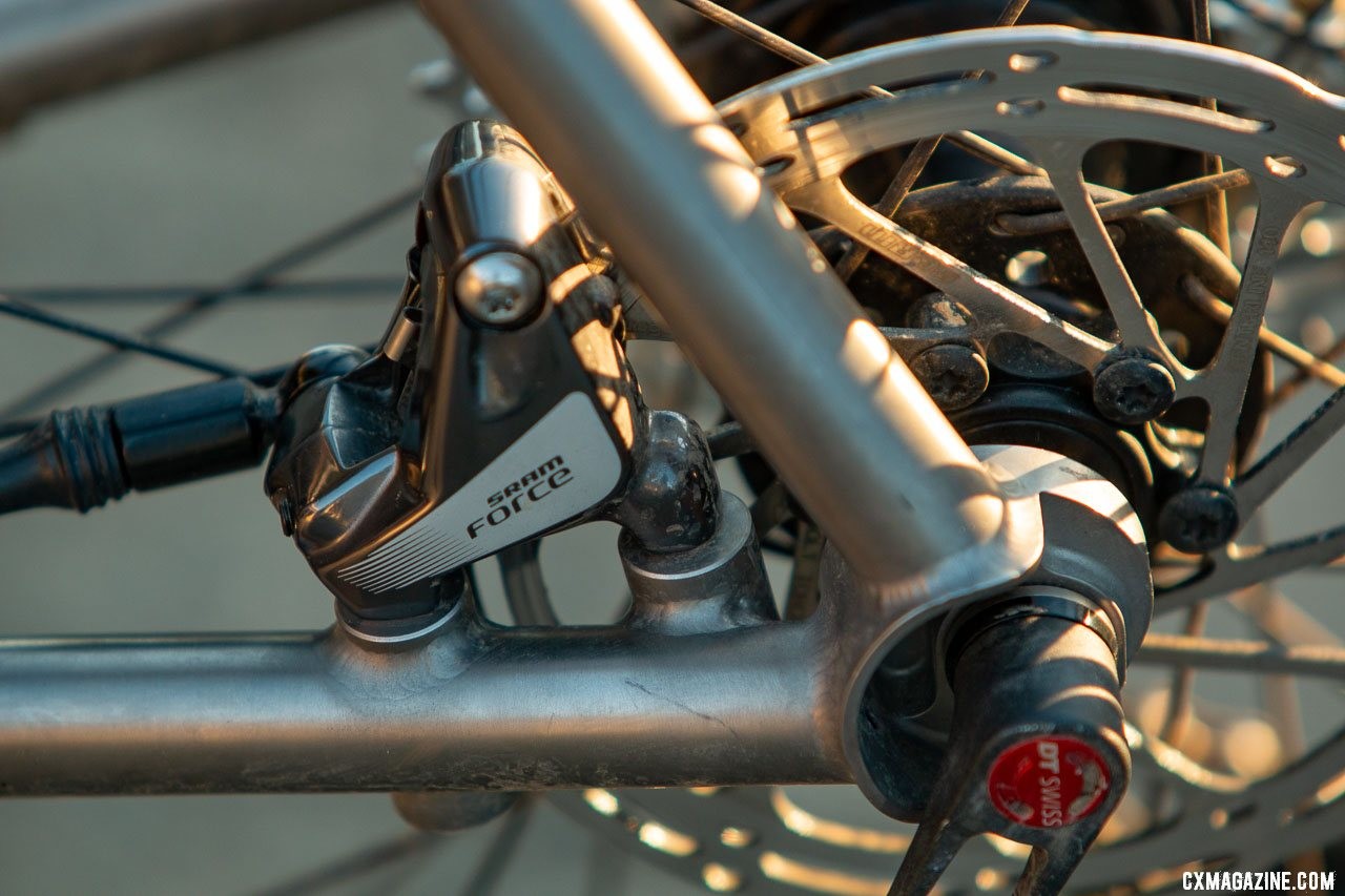 Flat mount disc brakes and Breezer-style dropouts. Merlin Sandstone titanium gravel bike. © Cyclocross Magazine