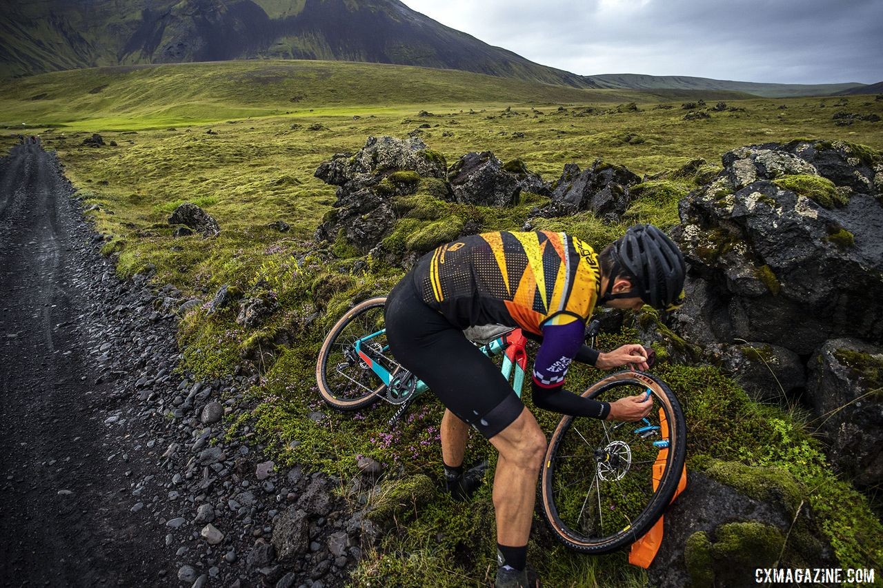 Like many gravel races, flats were unavoidable. The Rift Gravel Race 2019, Iceland. © Snorri Thor / Lauf