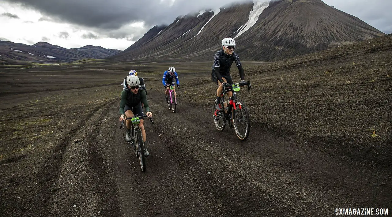 Ted King and Christian Meier help lead the Men's lead group. The Rift Gravel Race 2019, Iceland. © Snorri Thor / Lauf