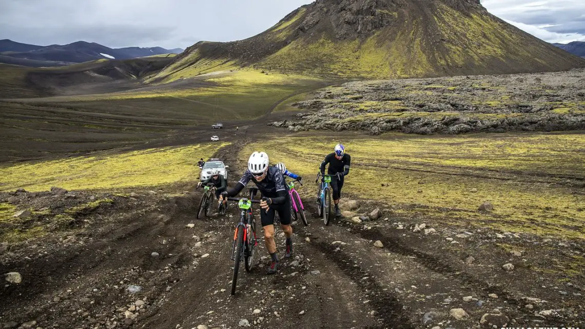The lead Men's group is forced off their bikes. The Rift Gravel Race 2019, Iceland. © Snorri Thor / Lauf
