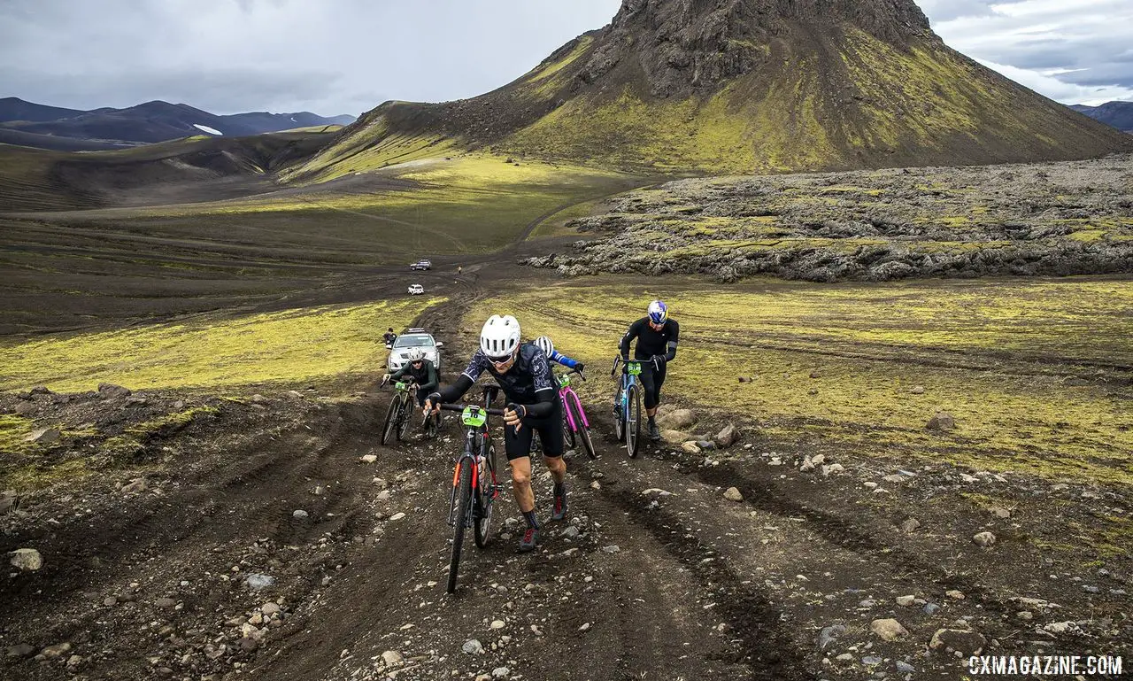 The lead Men's group is forced off their bikes. The Rift Gravel Race 2019, Iceland. © Snorri Thor / Lauf