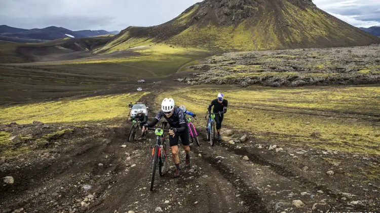 The lead Men's group is forced off their bikes. The Rift Gravel Race 2019, Iceland. © Snorri Thor / Lauf