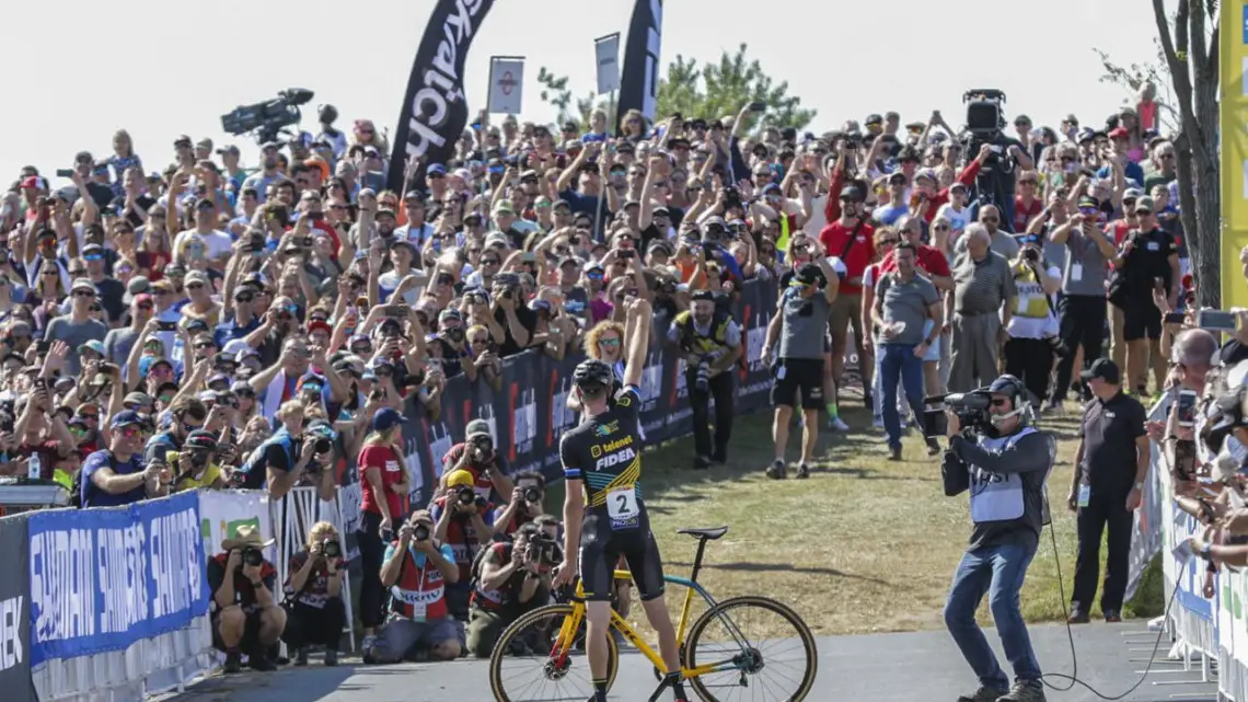 Toon Aerts stops to celebrate at the finish line. 2018 World Cup Waterloo. © R. Clark / Cyclocross Magazine