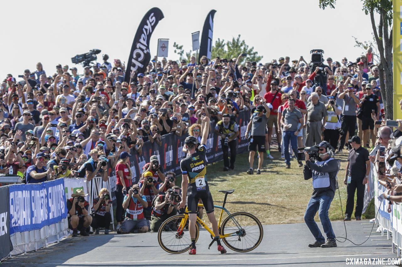 Toon Aerts stops to celebrate at the finish line. 2018 World Cup Waterloo. © R. Clark / Cyclocross Magazine