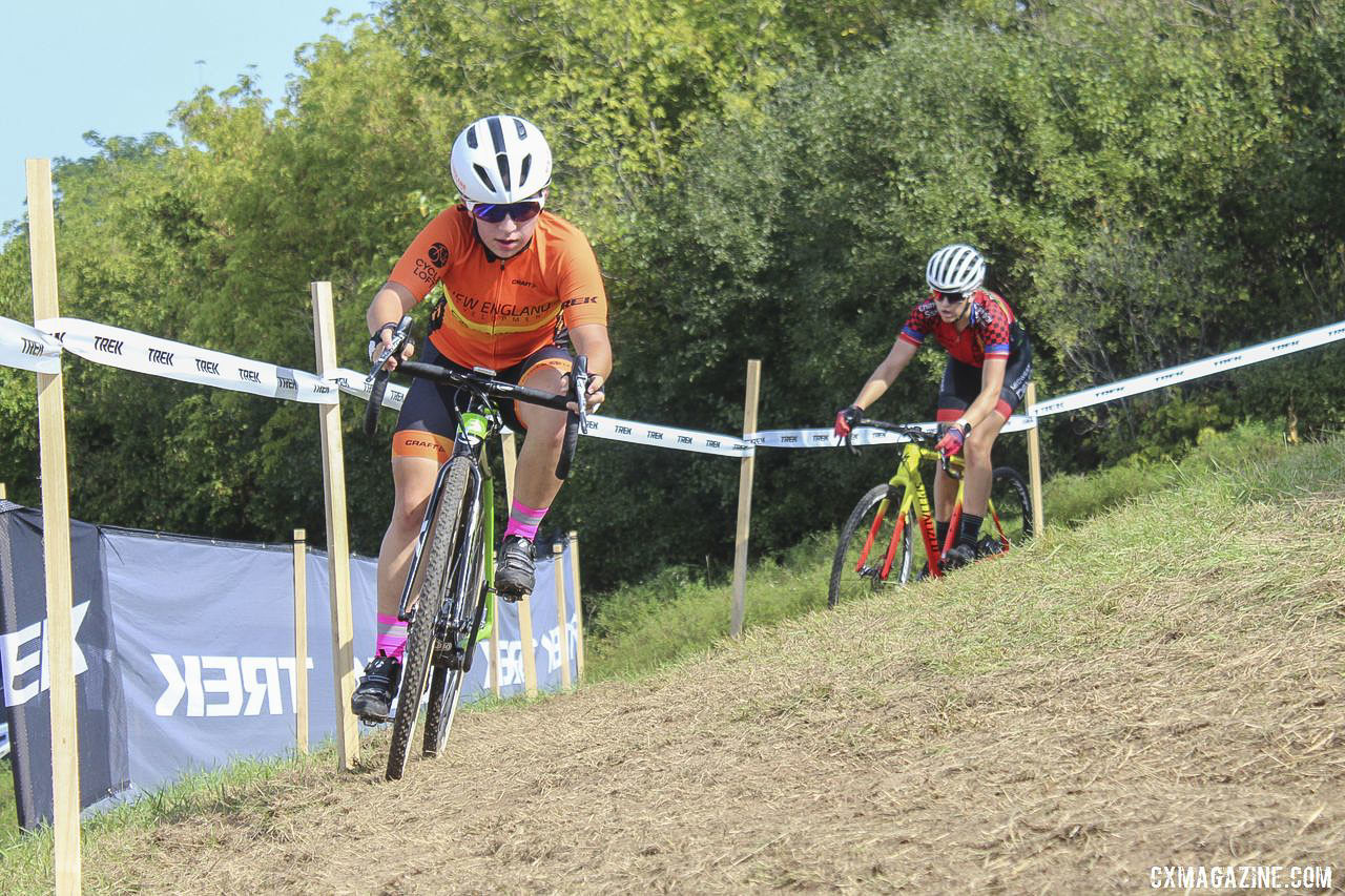 Kaia Schmid leads Eleanor Dyas through the off-camber at the top of Trek Factory Hill. 2019 Helen100 Junior Women's Race, Trek CX Cup. © Z. Schuster / Cyclocross Magazine