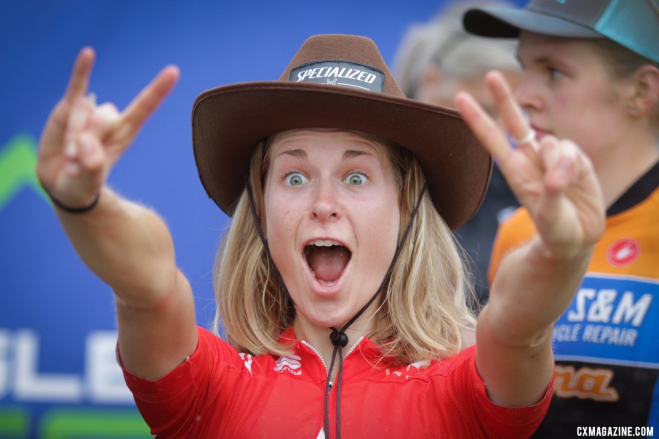 Maghalie Rochette is hoping to be celebrating in red again on Saturday. Faces of 2019 Jingle Cross. © D. Mable / Cyclocross Magazine