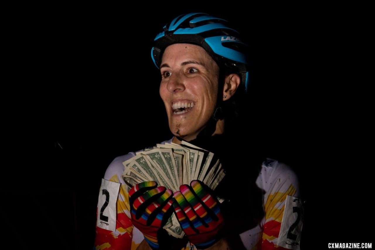 Sunny Gilbert took fourth but also grabbed $40+ in hand-ups. 2019 Jingle Cross. © A. Yee / Cyclocross Magazine