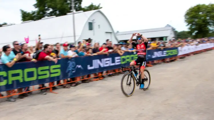 Eli Iserbyt celebrates his World Cup Win. 2019 Jingle Cross. © A. Yee / Cyclocross Magazine