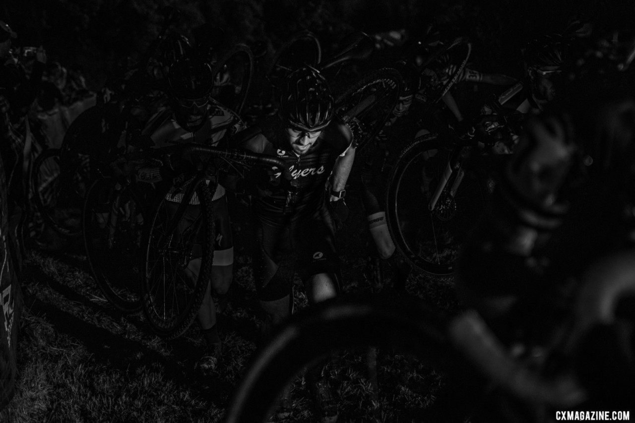 One racer enjoys the spotlight on Mt. Krumpit. 2019 Jingle Cross. © A. Yee / Cyclocross Magazine
