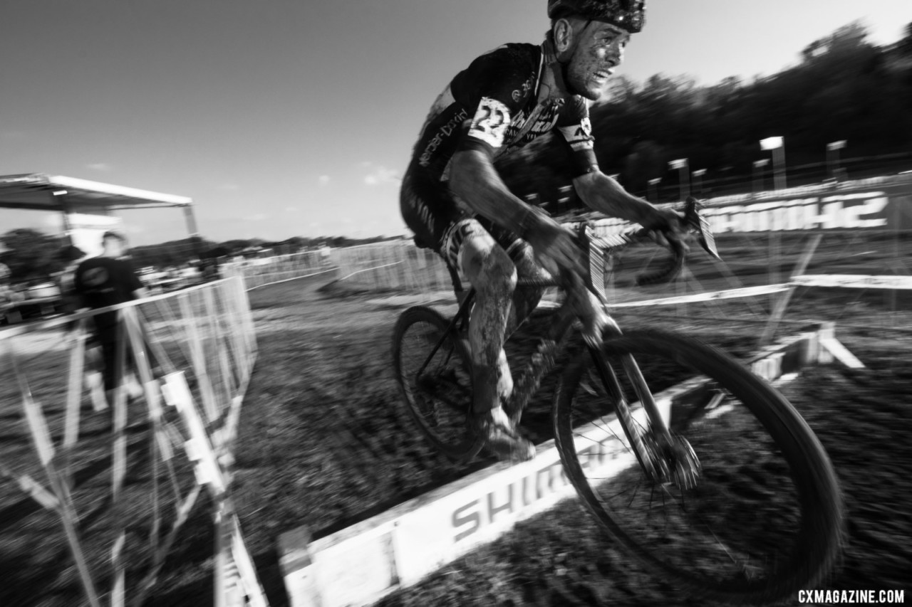 Chainel Steve Chainel gives a final hop over the barriers after three days of racing. 2019 Jingle Cross. © A. Yee / Cyclocross Magazine