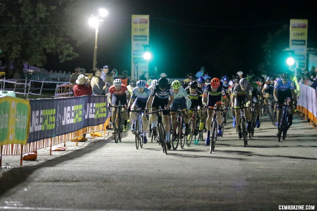 Tobin Ortenblad helps lead out the holeshot. 2019 Jingle Cross Friday Night Elite Men. © D. Mable / Cyclocross Magazine