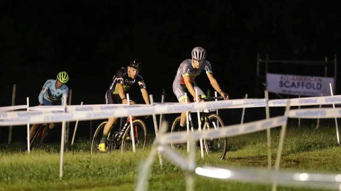 Loockx leads Chainel and Orts. 2019 Jingle Cross Friday Night Elite Men. © D. Mable / Cyclocross Magazine