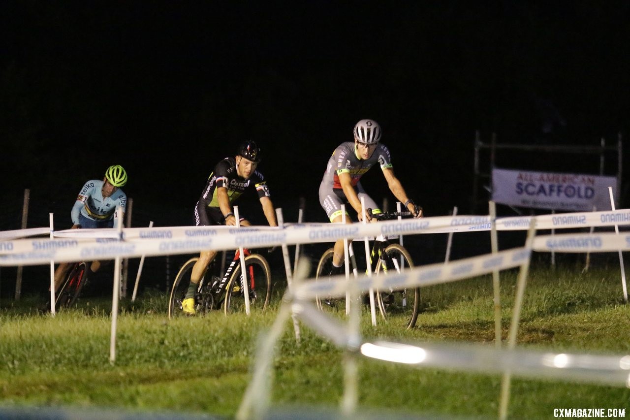 Loockx leads Chainel and Orts. 2019 Jingle Cross Friday Night Elite Men. © D. Mable / Cyclocross Magazine