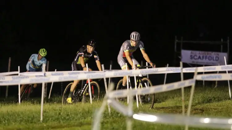 Loockx leads Chainel and Orts. 2019 Jingle Cross Friday Night Elite Men. © D. Mable / Cyclocross Magazine