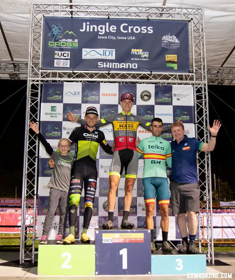 L to R: Chainel, Loockx, and Orts Lloret. 2019 Jingle Cross Friday Night Elite Men. © A. Yee / Cyclocross Magazine