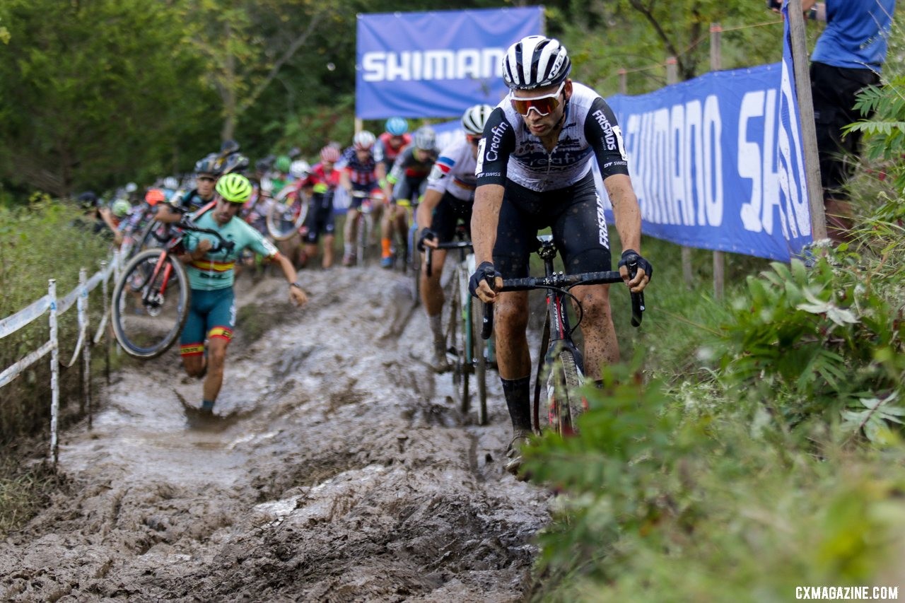 Gianni Vermeersch leads through the mud. 2019 Jingle Cross Sunday UCI C1, Elite Men. © D. Mable / Cyclocross Magazine