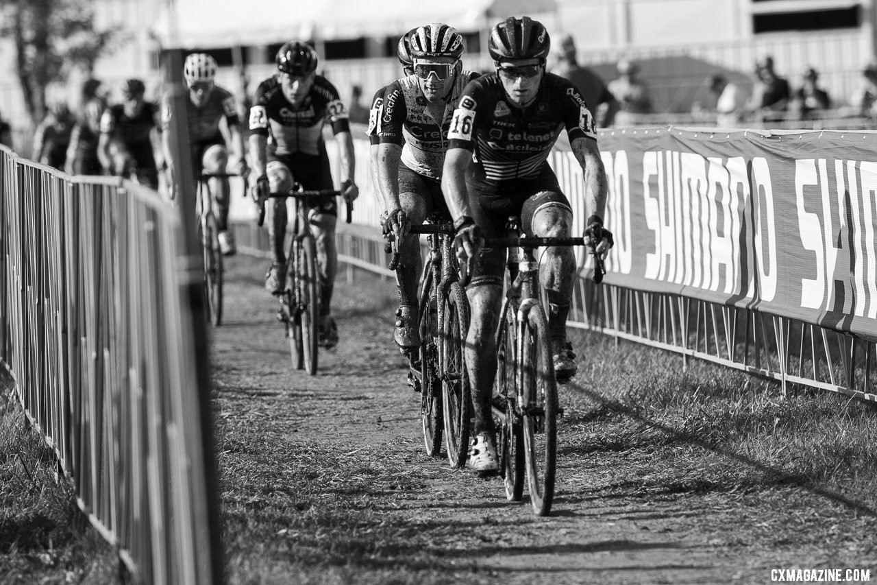 Jim Aernouts leads Gianni Vermeersch on lap one. 2019 Jingle Cross Sunday UCI C1, Elite Men. © A. Yee / Cyclocross Magazine
