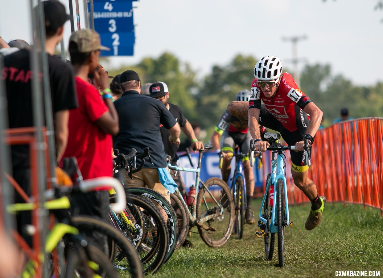 Gage Hecht was one of the first to get a bike change. 2019 Jingle Cross Sunday UCI C1, Elite Men. © A. Yee / Cyclocross Magazine