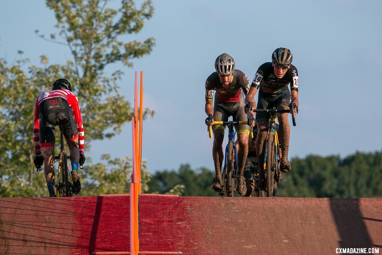 The lead group of riders passes over the flyover. 2019 Jingle Cross Sunday UCI C1, Elite Men. © A. Yee / Cyclocross Magazine