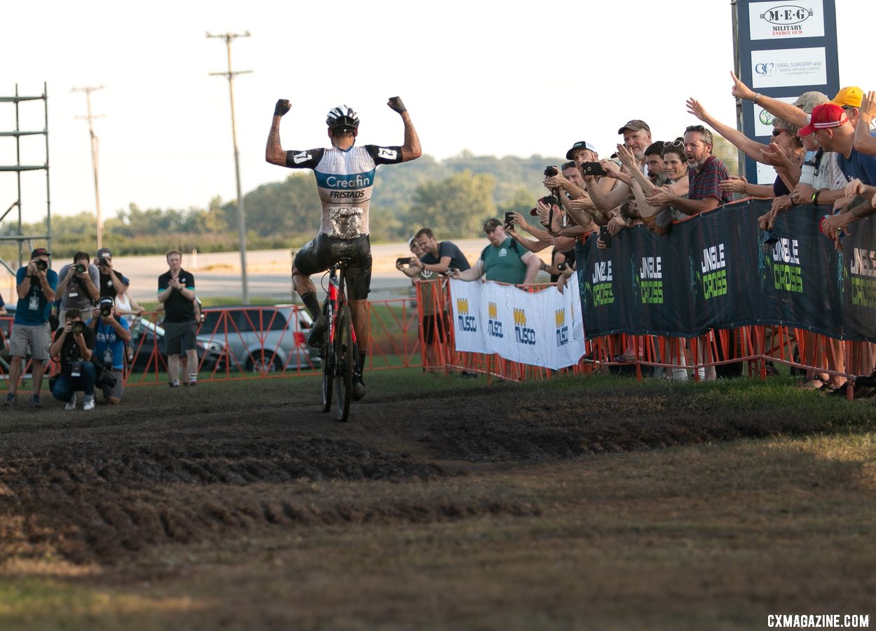 Gianni Vermeersch celebrates his win. 2019 Jingle Cross Sunday UCI C1, Elite Men. © A. Yee / Cyclocross Magazine