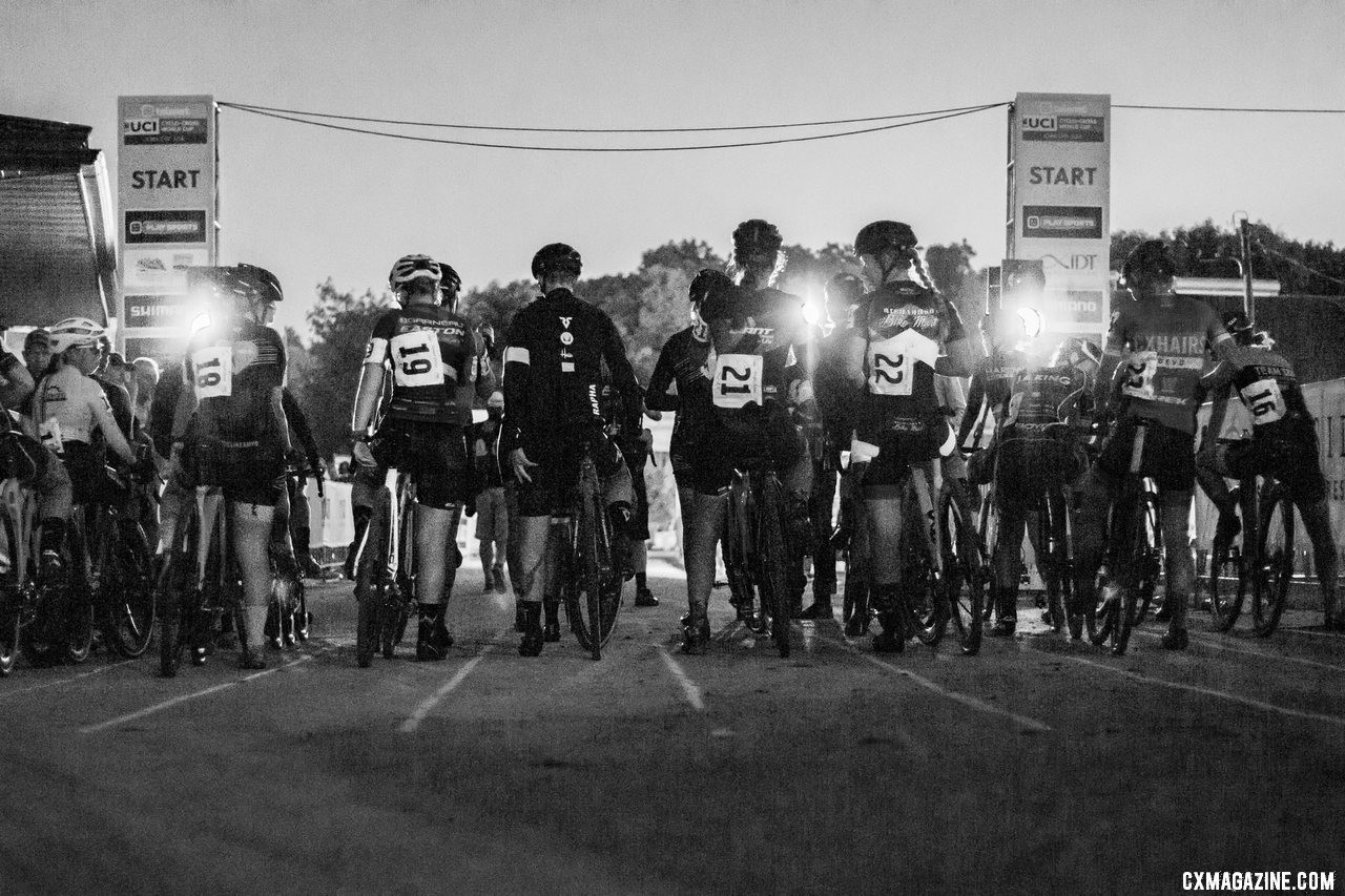 The Elite Women wait to start Friday night at Jingle Cross. 2019 Jingle Cross Friday Night Elite Women. © A. Yee / Cyclocross Magazine