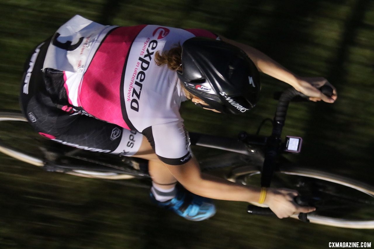 Manon Bakker was the early aggressor Friday night. 2019 Jingle Cross Friday Night Elite Women. © D. Mable / Cyclocross Magazine